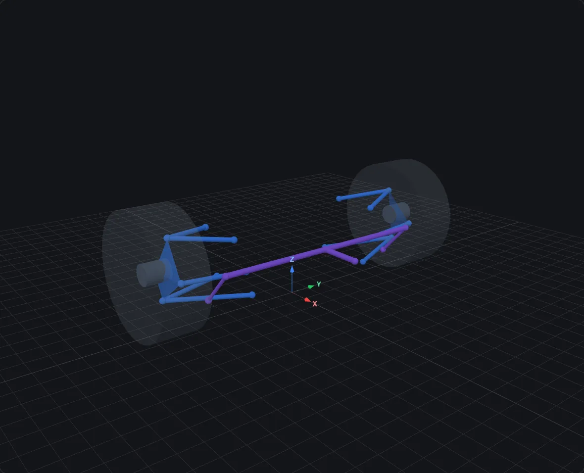 T-bar anti-roll bar, rendered in bellcrank's 3D viewer at design pose on a double-wishbone corner