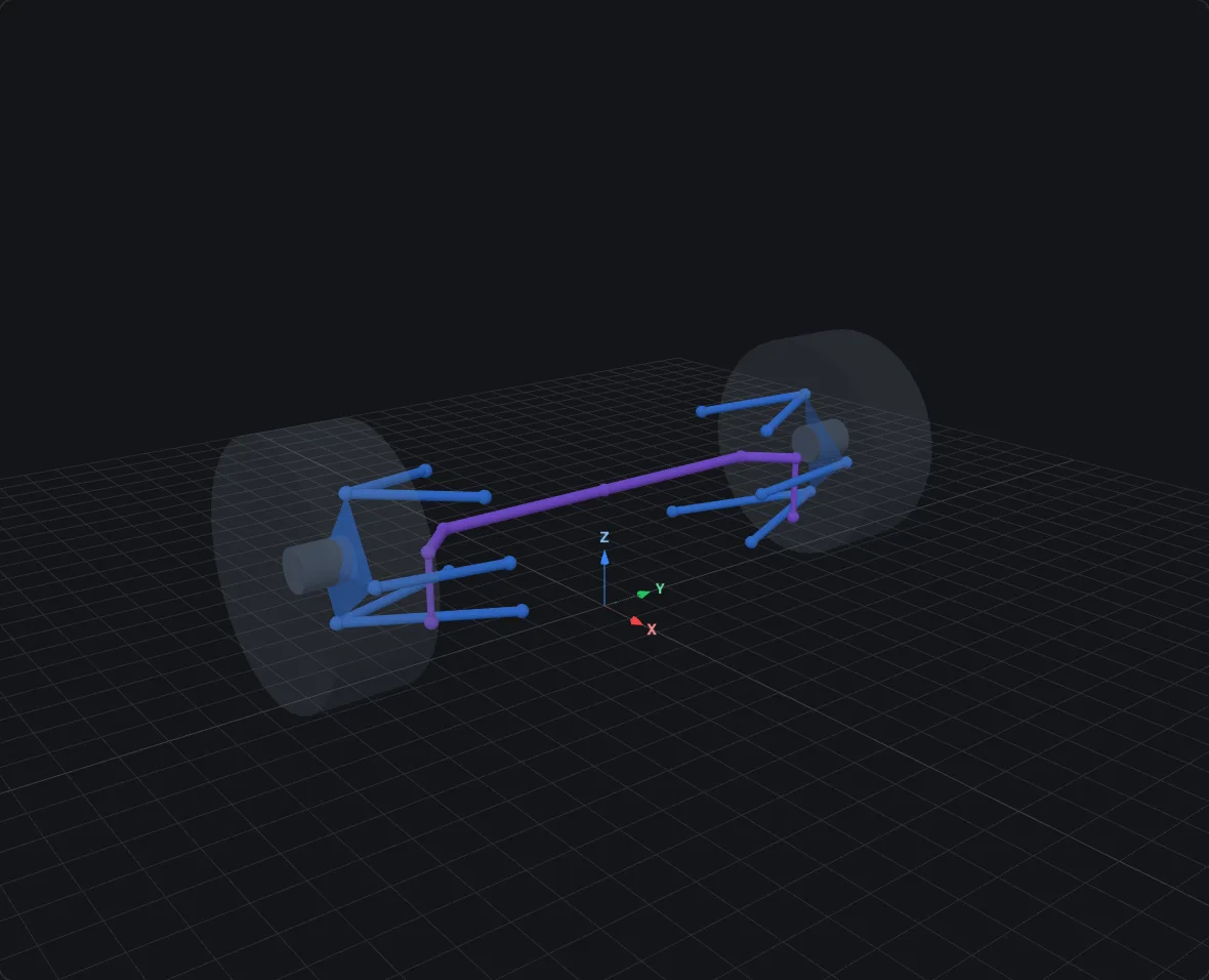 U-bar anti-roll bar, rendered in bellcrank's 3D viewer at design pose on a double-wishbone corner