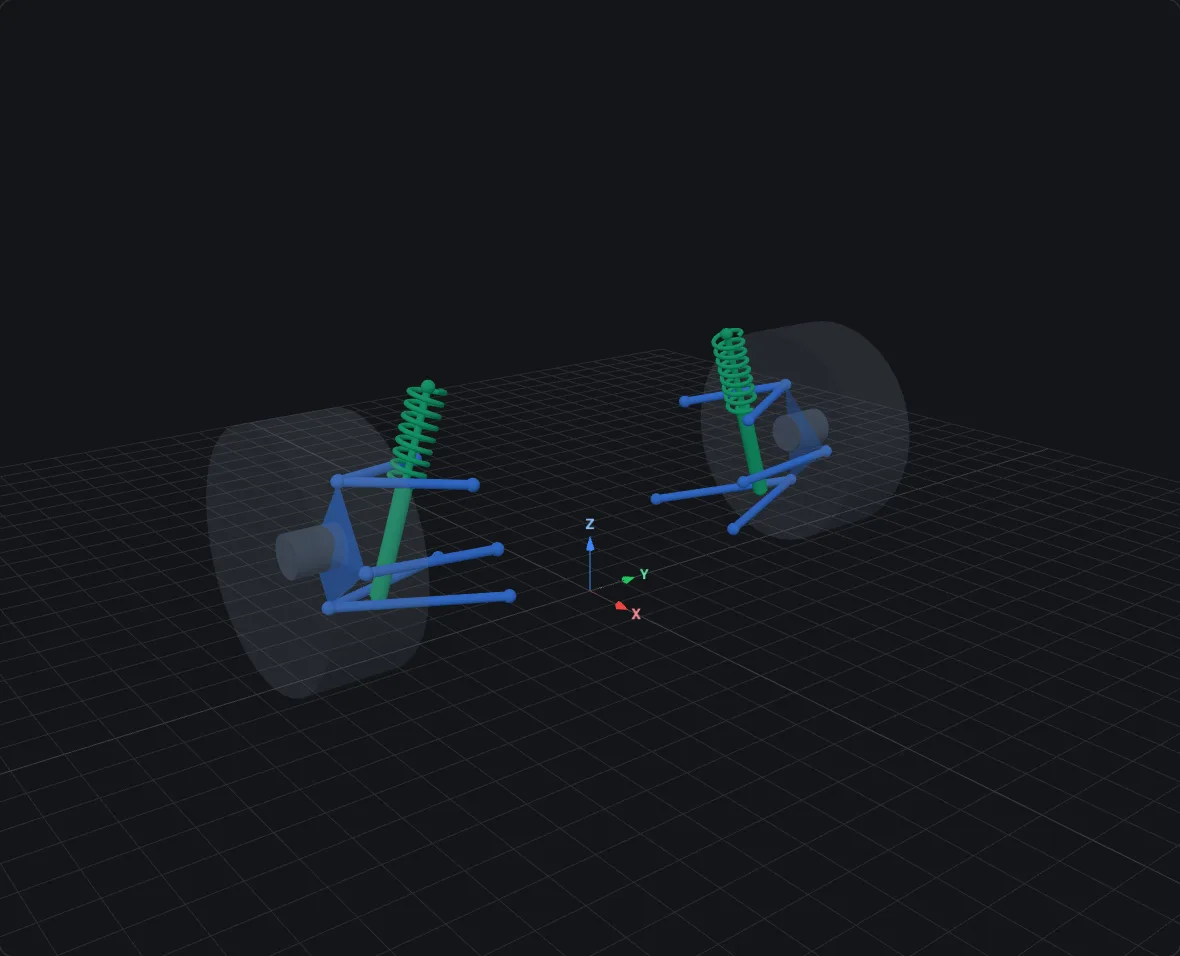 Coilover, rendered in bellcrank's 3D viewer at design pose on a double-wishbone corner