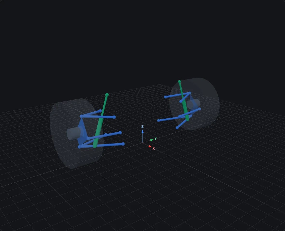 Damper, rendered in bellcrank's 3D viewer at design pose on a double-wishbone corner