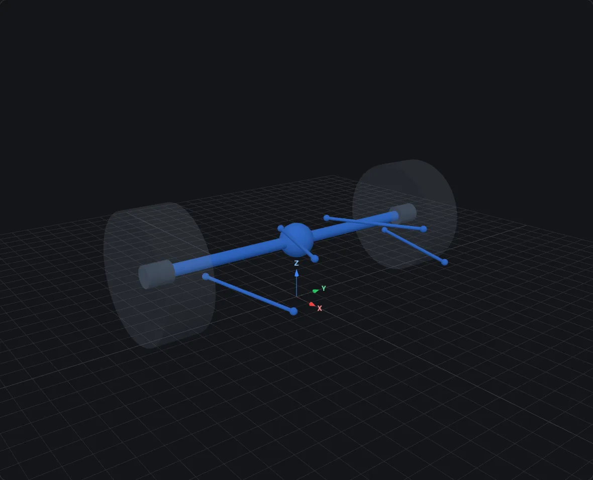 Live axle — 4-link suspension, rendered in bellcrank's 3D viewer at design pose