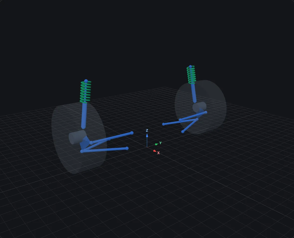 MacPherson strut suspension, rendered in bellcrank's 3D viewer at design pose