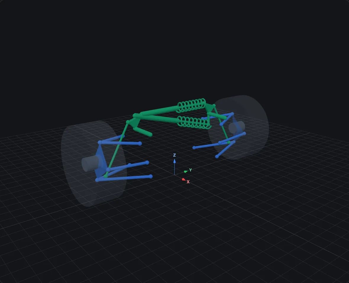 Push/pull rod — decoupled, rendered in bellcrank's 3D viewer at design pose on a double-wishbone corner