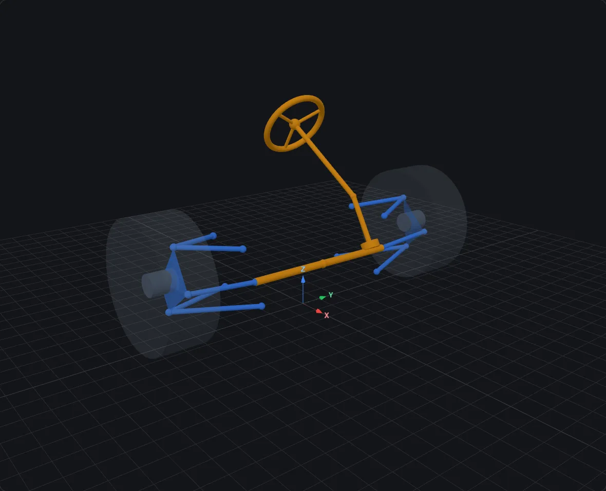 Rack & pinion — two-piece column, rendered in bellcrank's 3D viewer at design pose on a double-wishbone corner