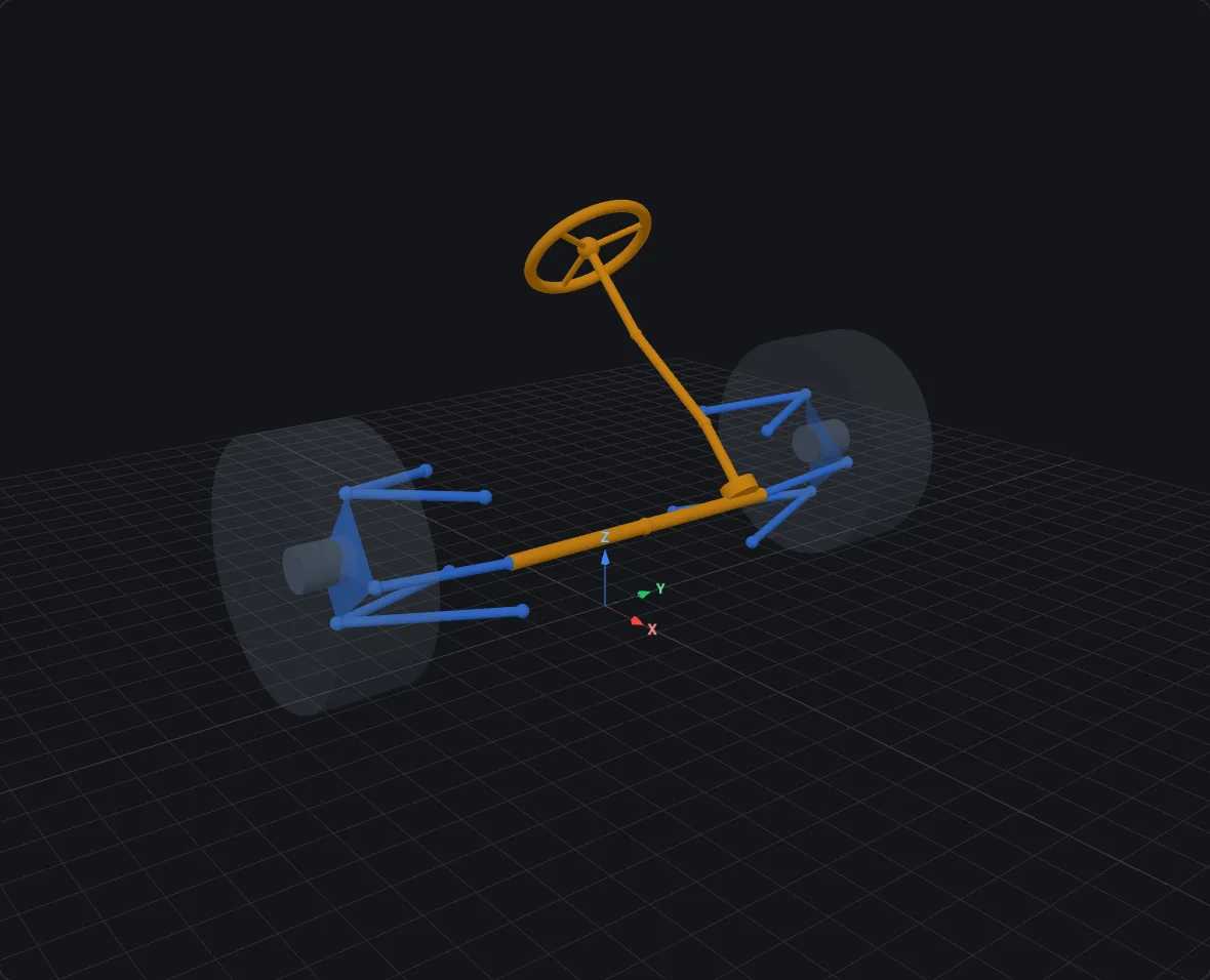 Rack & pinion — three-piece column, rendered in bellcrank's 3D viewer at design pose on a double-wishbone corner