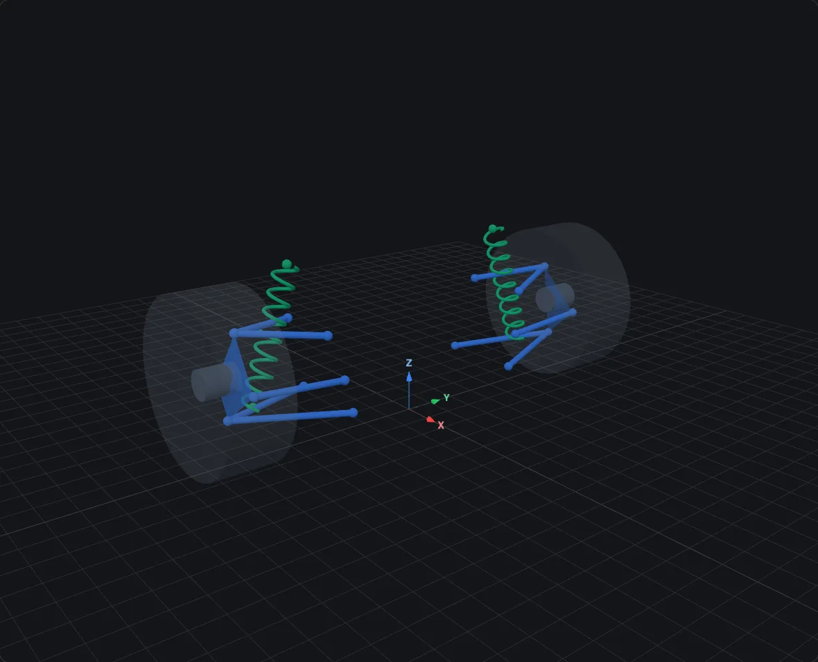 Spring, rendered in bellcrank's 3D viewer at design pose on a double-wishbone corner