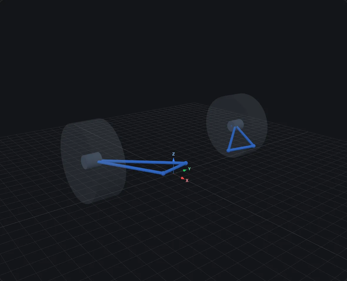 Trailing arm suspension, rendered in bellcrank's 3D viewer at design pose