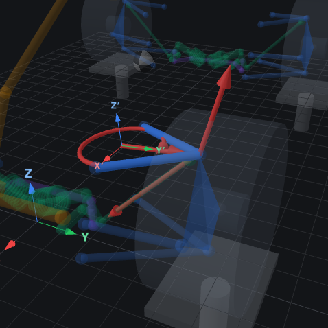 Static load result in bellcrank's 3D viewer: the front joint of an upper control arm with its reaction force drawn as red arrows and its moment as a red ring, next to the joint's local X, Y and Z axes, over the surrounding suspension linkage.