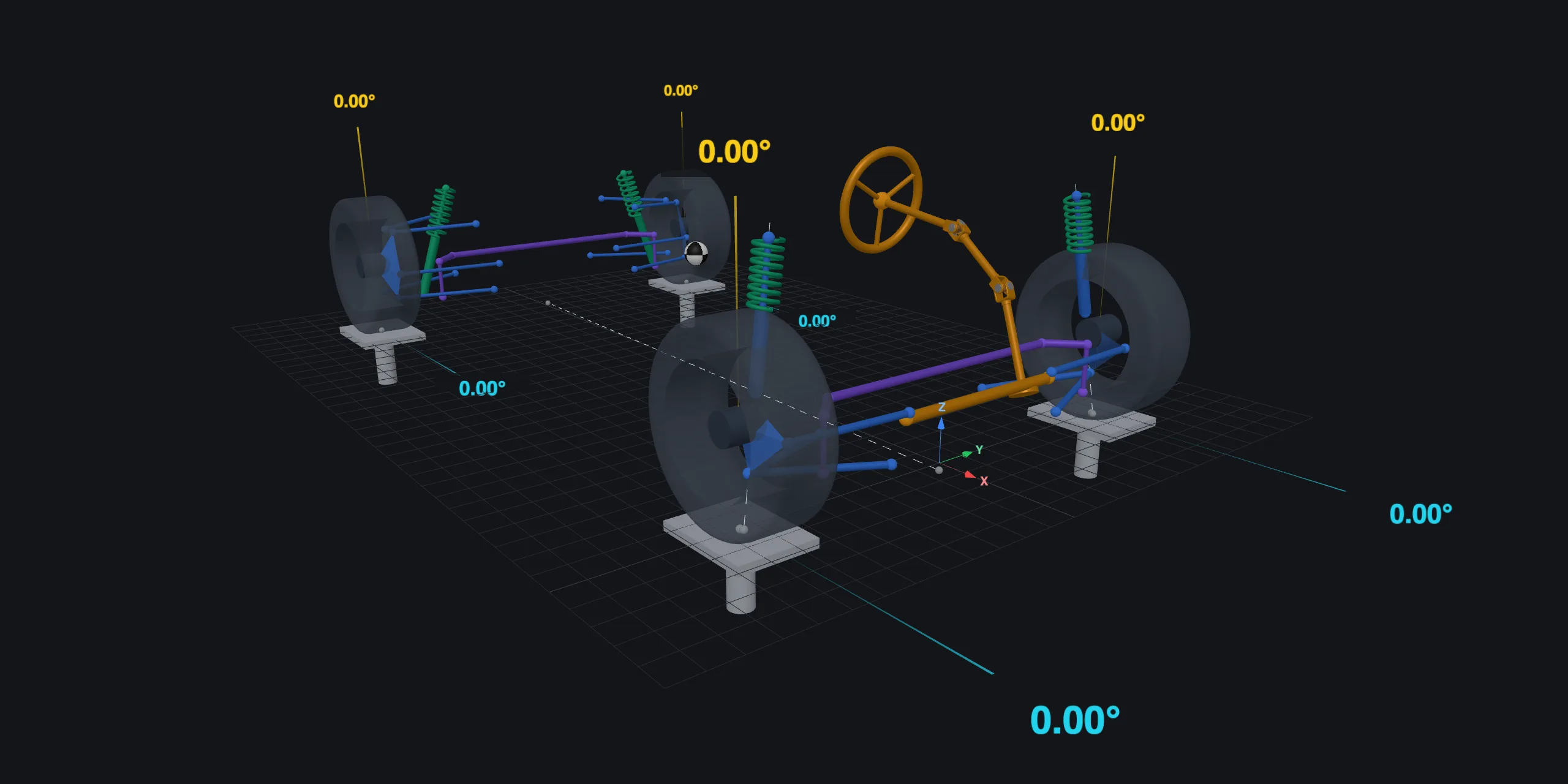 The Sample vehicle at rest in bellcrank's 3D viewer: MacPherson front with rack-and-pinion steering and the steering wheel, a five-link rear, each wheel on its rig post, with camber and toe readouts at every wheel.