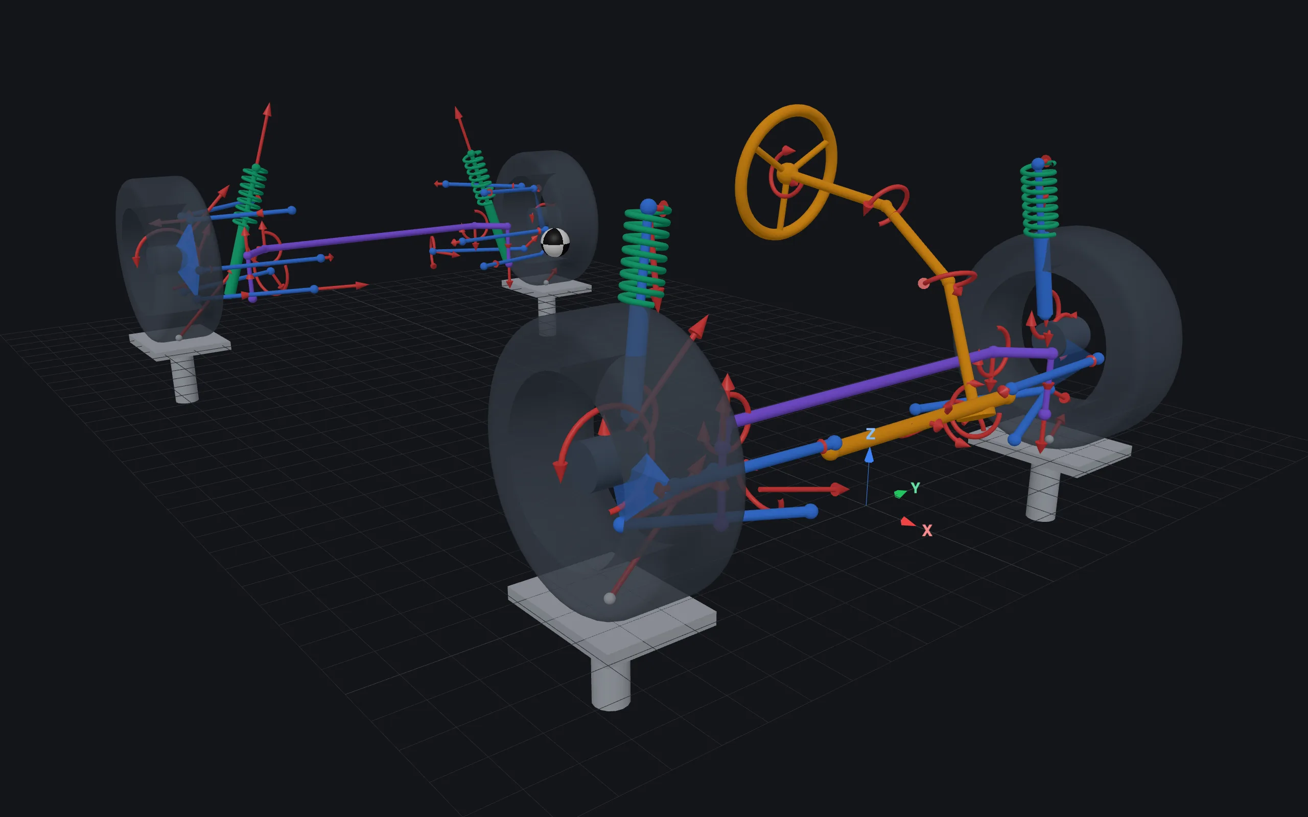 The Sample vehicle's 1 g corner load result in bellcrank's 3D viewer: joint reaction forces and moments drawn as red arrows across both axles and the steering column.