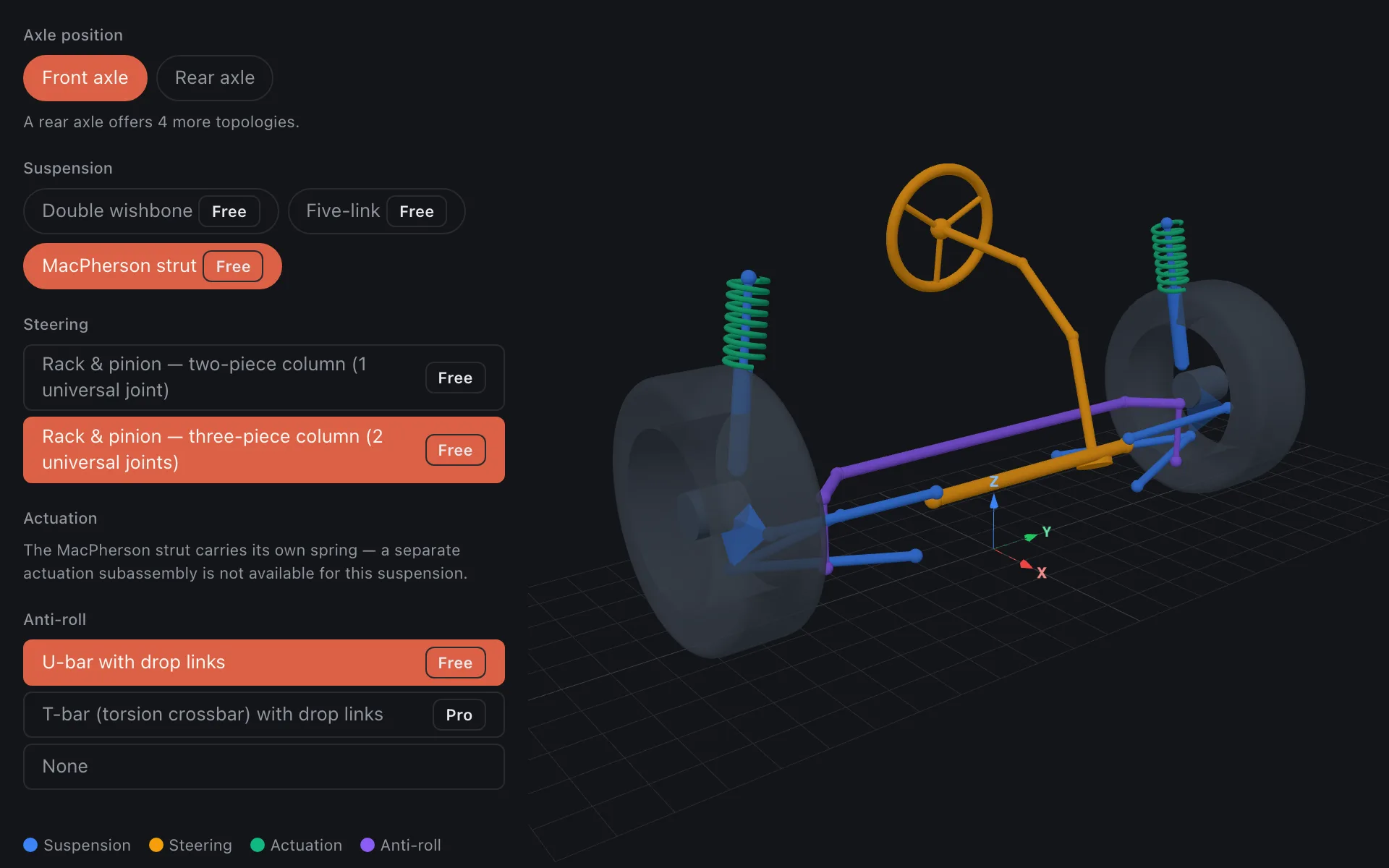 bellcrank's topology picker with the front axle and MacPherson strut suspension selected, each option badged with the lowest plan that includes it, and a 3D sketch of the resulting MacPherson front axle with a three-piece steering column and a U-bar anti-roll bar.
