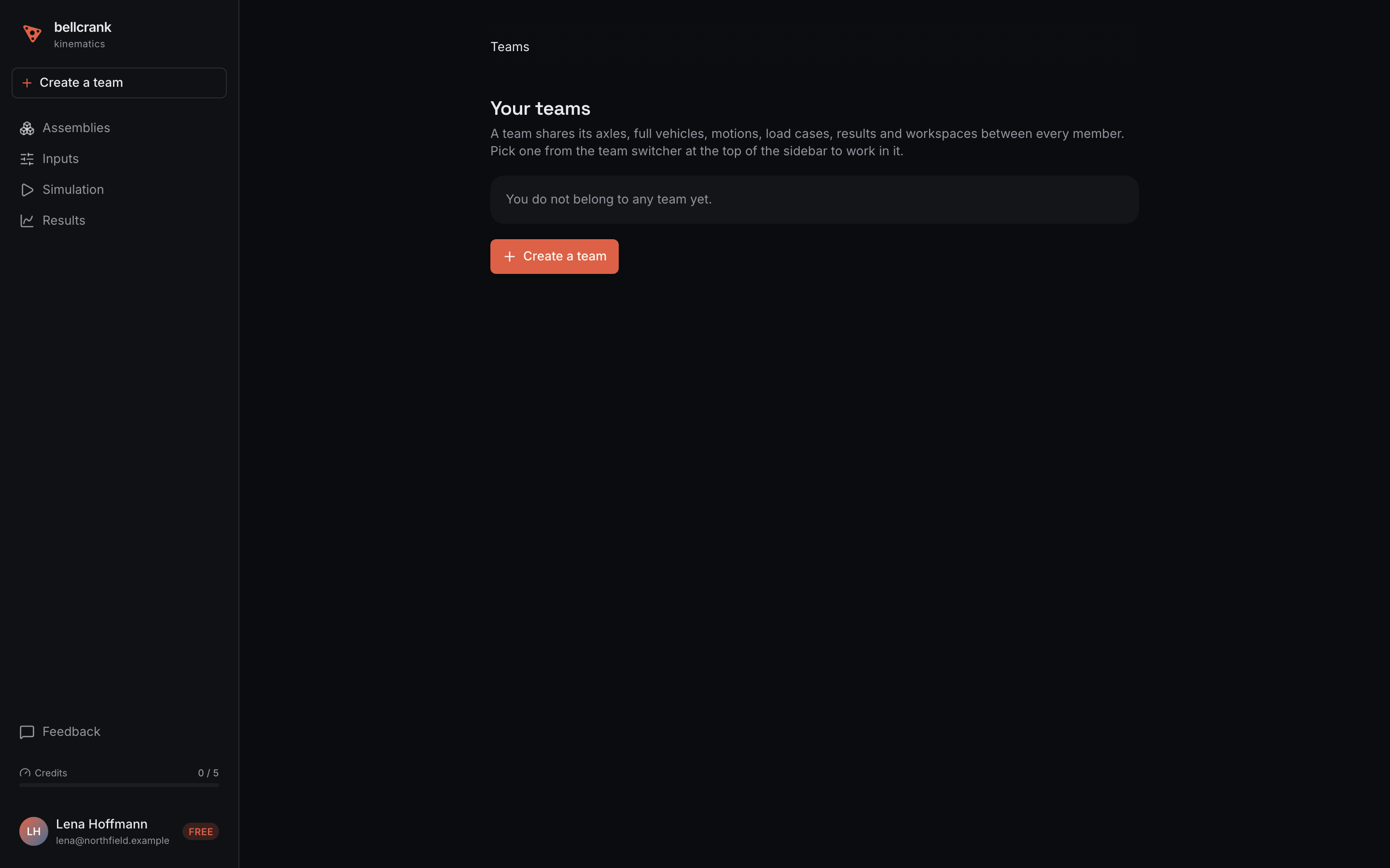 The bellcrank Teams page with no teams yet, and Create a team at the top of the sidebar