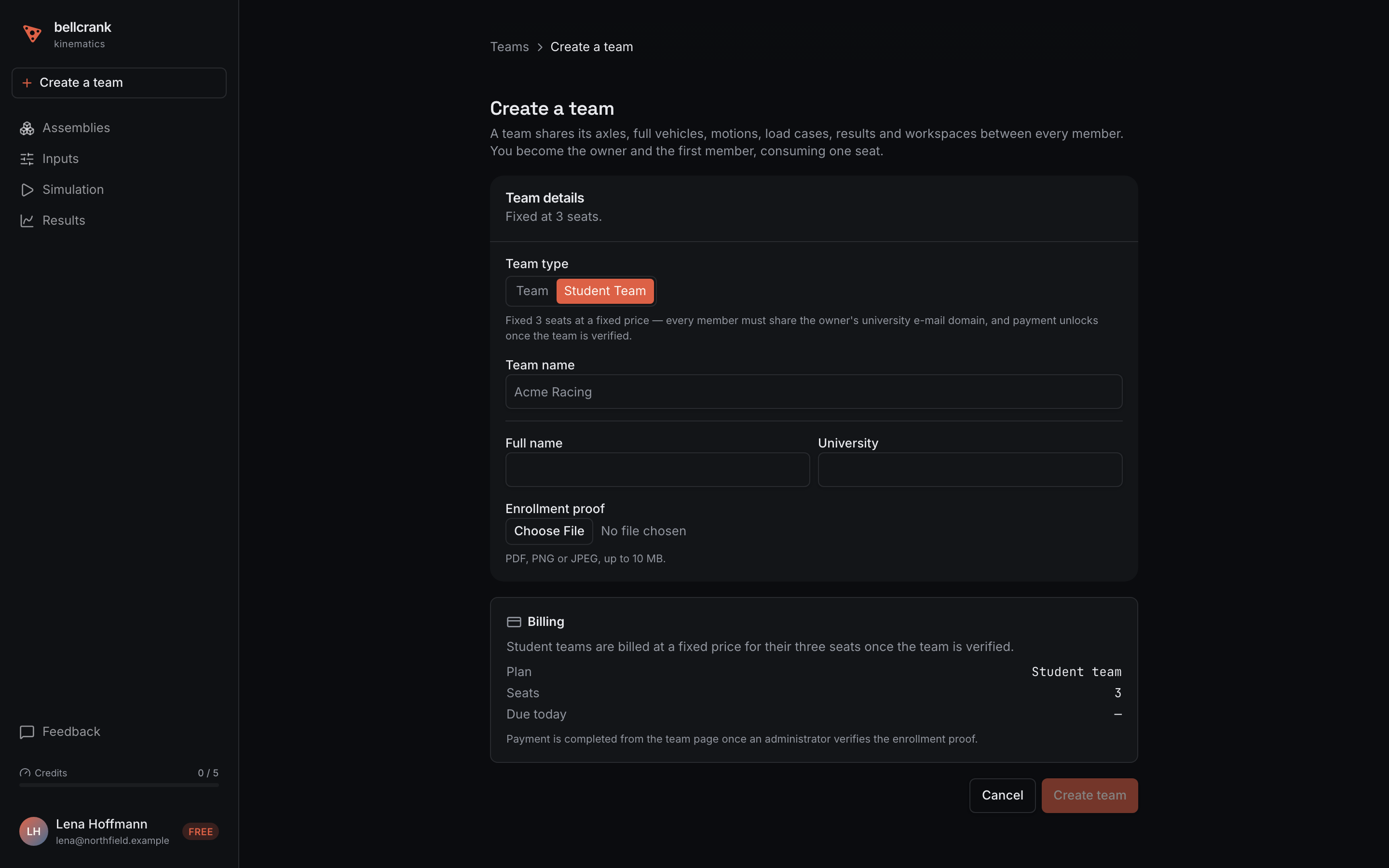 The Create a team page with Student Team selected under Team type