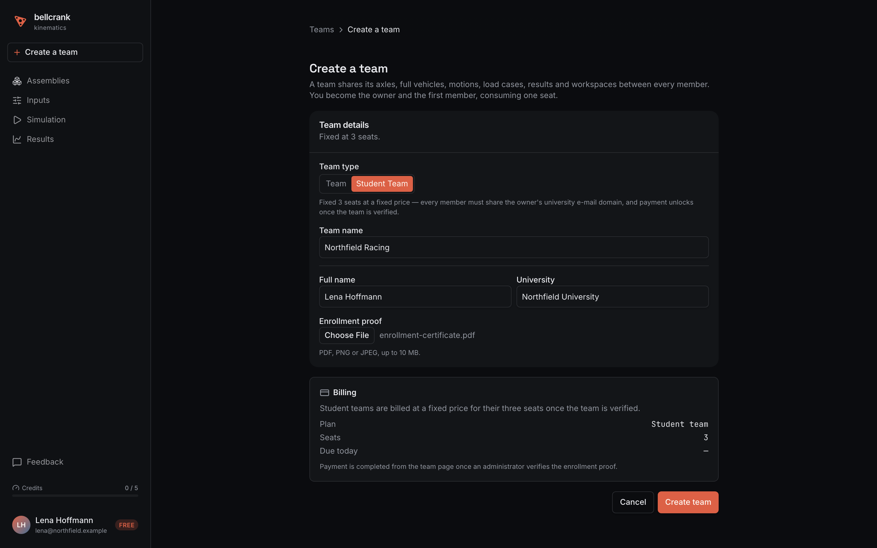 The student team form with team name, full name, university and enrollment proof filled in, and Create team enabled