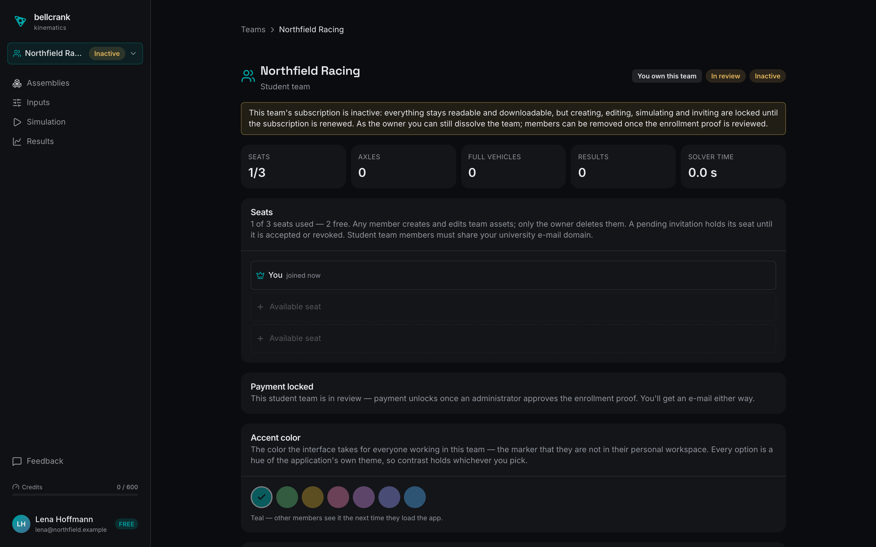 A team page with the In review and Inactive badges and the Payment locked card