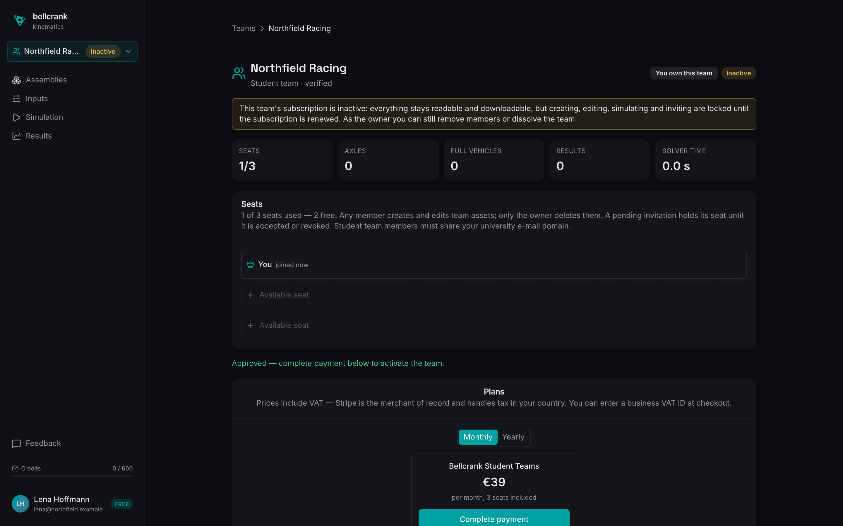 A team page with the Student team · verified header and the approval notice
