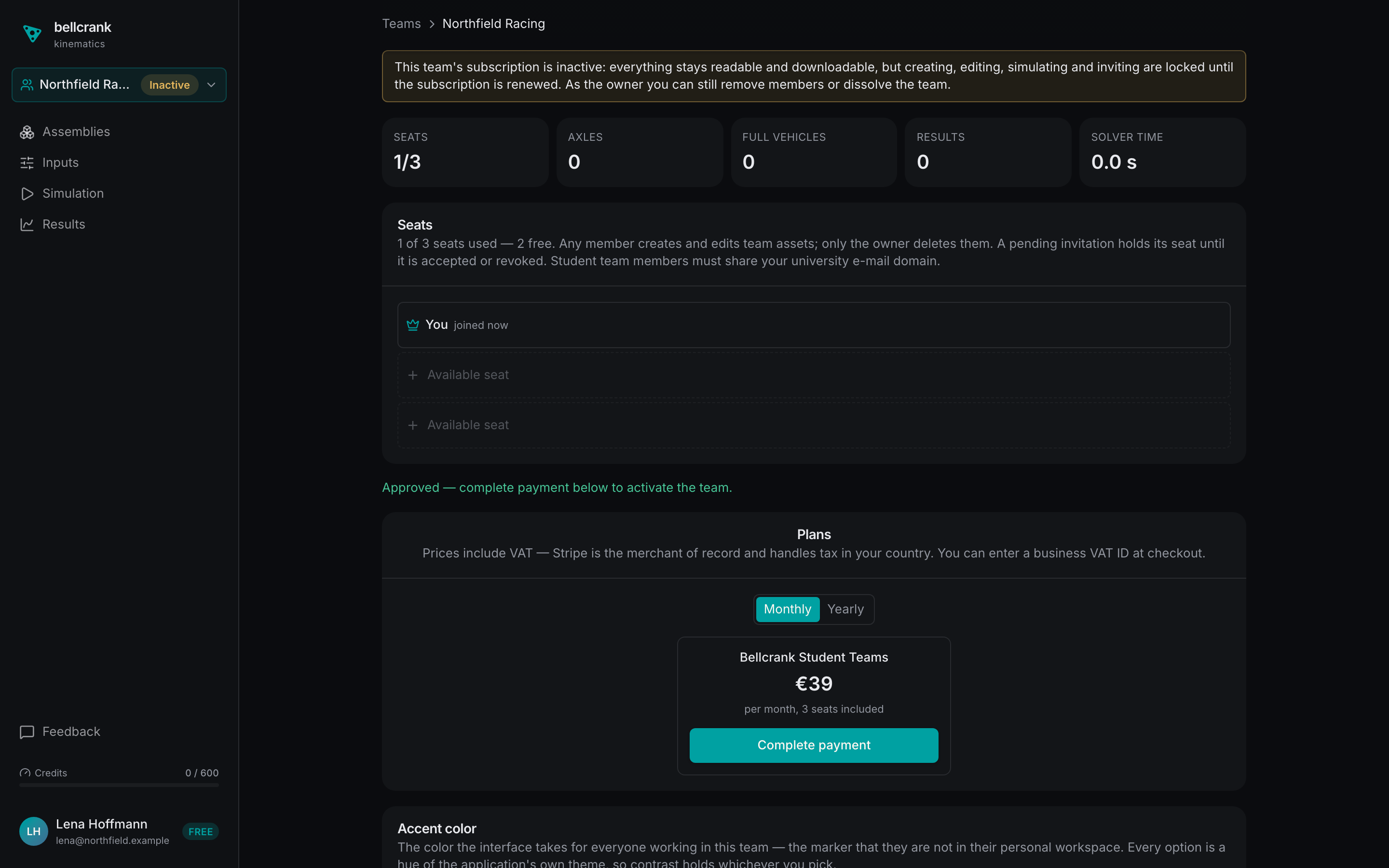 The Plans card with Monthly and Yearly options and the Complete payment button