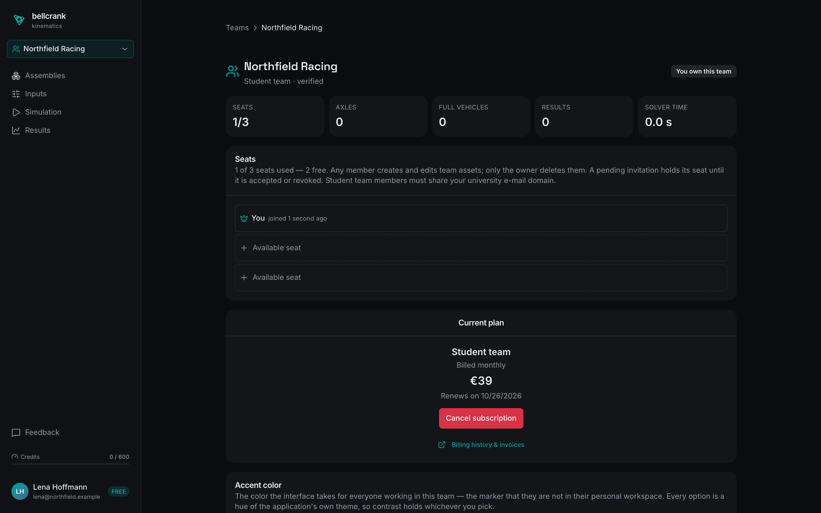 An active team page with no Inactive badge, and the Current plan card showing the Student team plan billed monthly